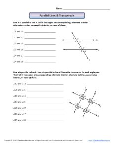 Angle Worksheet - Parallel Lines and Transversals